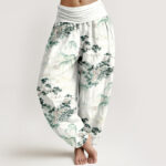 Buddha Stones Print Pine Trees Mountains Pattern Pure Cotton Women's Elastic Waist Harem Pants