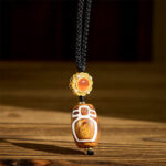 Buddha Stones Tibetan Agate Carved God of Wealth Nine-eye Dzi Bead Blessing Necklace Pendant