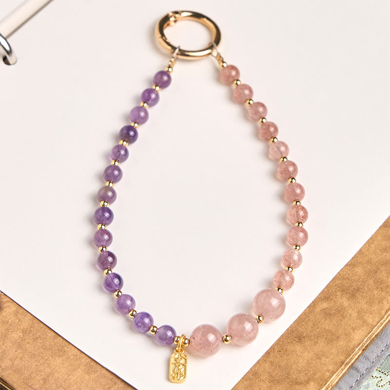 1762846489.jpg Buddha Stones Strawberry Quartz Amethyst Happiness Healing Key Chain Phone Hanging Decoration