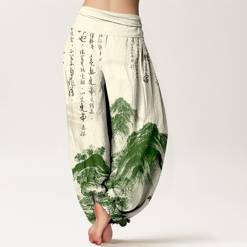 Buddha Stones Pure Cotton Chinese Calligraphy Landscape Painting Women's Elastic Waist Harem Pants