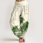 Buddha Stones Pure Cotton Chinese Calligraphy Landscape Painting Women's Elastic Waist Harem Pants