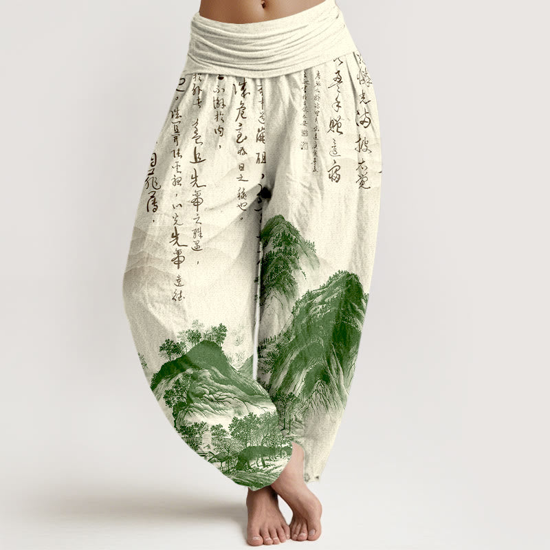Buddha Stones Pure Cotton Chinese Calligraphy Landscape Painting Women's Elastic Waist Harem Pants