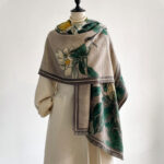 Buddha Stones Winter White Magnolia Flowers Little Bird Pattern Warm Cozy Scarf Shawl