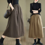 Buddha Stones Women's Winter Pure Color Cotton 7-8 Length Elastic Waistband Skirt With Pockets
