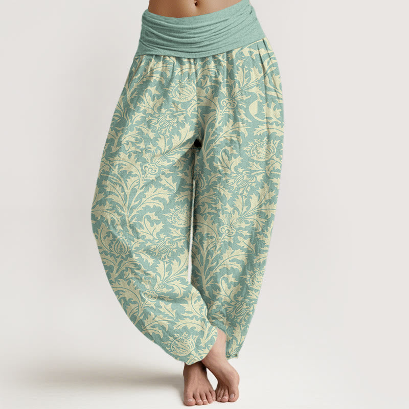 Buddha Stones Cotton Flowers Buds Serrated Leaves Pattern Women's Elastic Waist Harem Pants