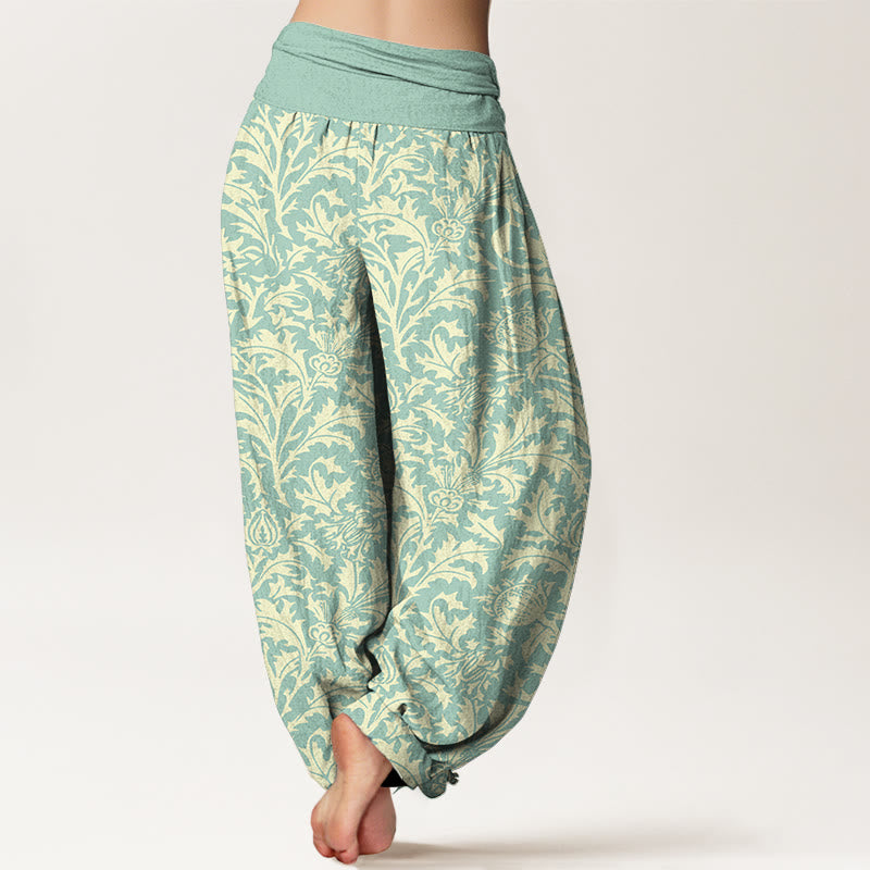 Buddha Stones Cotton Flowers Buds Serrated Leaves Pattern Women's Elastic Waist Harem Pants