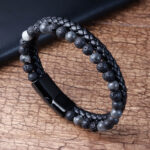 Buddha Stones Lava Rock Titanium Steel Calm Leather Bracelet