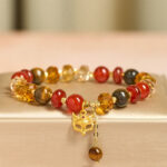 Buddha Stones Red Agate Tiger Eye Fox Charm Calm Beaded Bracelet