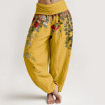 Buddha Stones Pure Cotton Colourful Flower Leaves Patterns Women's Elastic Waist Harem Pants