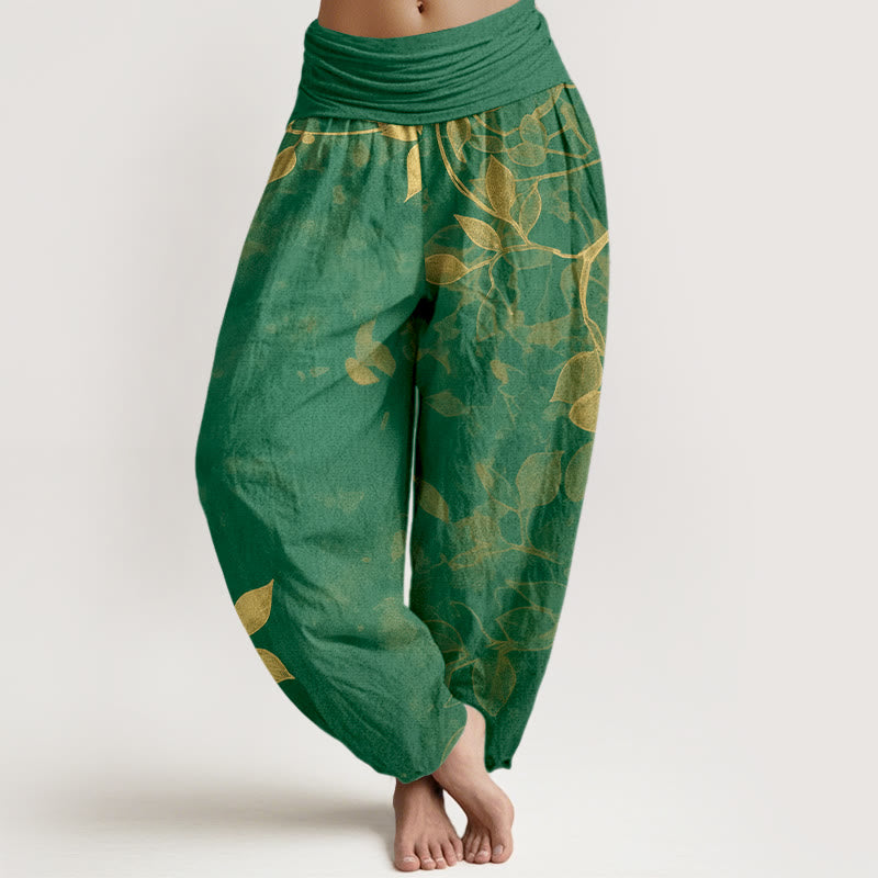 Buddha Stones Pure Cotton Softly Colored Leaves Pattern Women's Elastic Waist Harem Pants