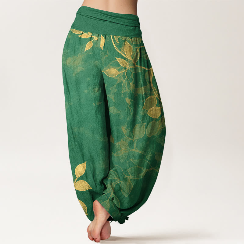 Buddha Stones Pure Cotton Softly Colored Leaves Pattern Women's Elastic Waist Harem Pants