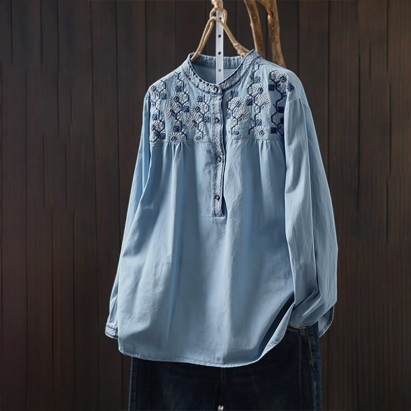 1763980468 Buddha Stones Geometry Floral Embroidery Cotton Denim Half Buttons Long Sleeve Women's Shirt - Image 1