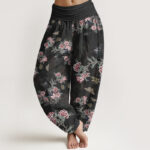 Buddha Stones Cotton Flowers Leaves Butterfly Pattern Women's Elastic Waist Harem Pants