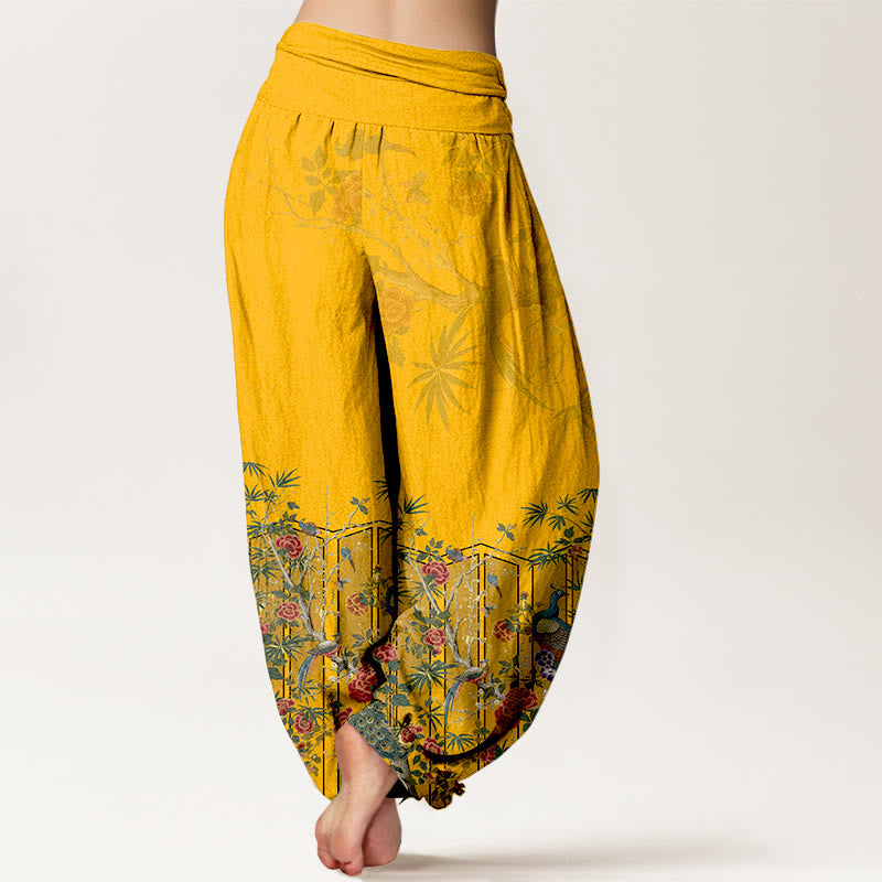 Buddha Stones Cotton Gorgeous Peacock Flower Pattern Women's Elastic Waist Harem Pants