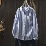 Buddha Stones Fall Vertical Stripes Button Down Stand Collar Long Sleeve Women's Cotton Shirt