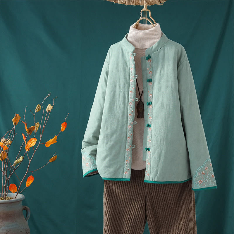 1764915098 Buddha Stones Winter Frog-Button Embroidery Flowers Vines Open Front Cotton Long Sleeve Women's Thermal Jacket - Image 1