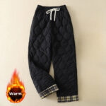 Buddha Stones Winter Curved Lines Elastic Waist Drawstring Patchwork Plaid Cotton Thermal Women's Pants With Pockets