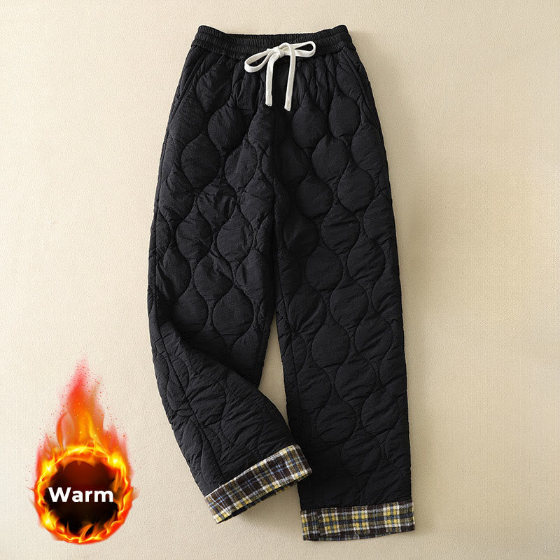 1764942118 Buddha Stones Winter Curved Lines Elastic Waist Drawstring Patchwork Plaid Cotton Thermal Women's Pants With Pockets - Image 1