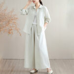 Buddha Stones 2Pcs Fall Solid Color Cotton Buttons Down Long Sleeve Shirt Ankle-Length Wide Leg Pants Women's Set With Pockets