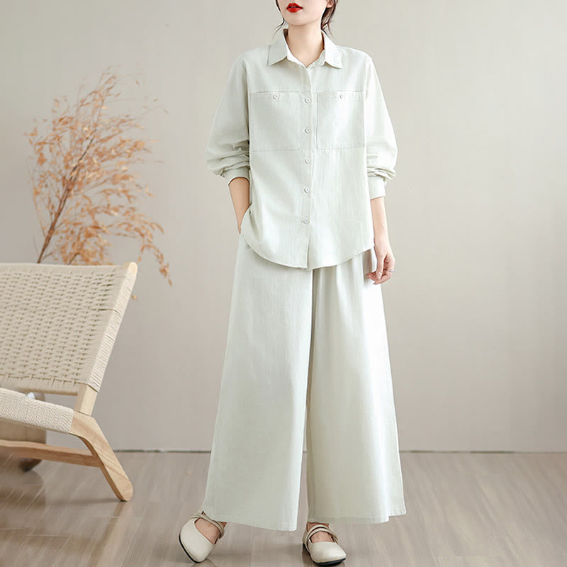 Buddha Stones 2Pcs Fall Solid Color Cotton Buttons Down Long Sleeve Shirt Ankle-Length Wide Leg Pants Women's Set With Pockets