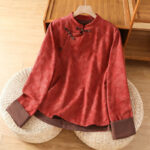 Buddha Stones Fall Jacquard Floral Print Frog-Button Stand Collar Long Sleeve Women's Cotton Shirt