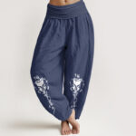 Buddha Stones Pure Cotton Concise Om Symbol Buddha Pattern Women's Elastic Waist Harem Pants