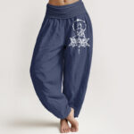 Buddha Stones Pure Cotton Concise Lotus Buddha Pattern Women's Elastic Waist Harem Pants