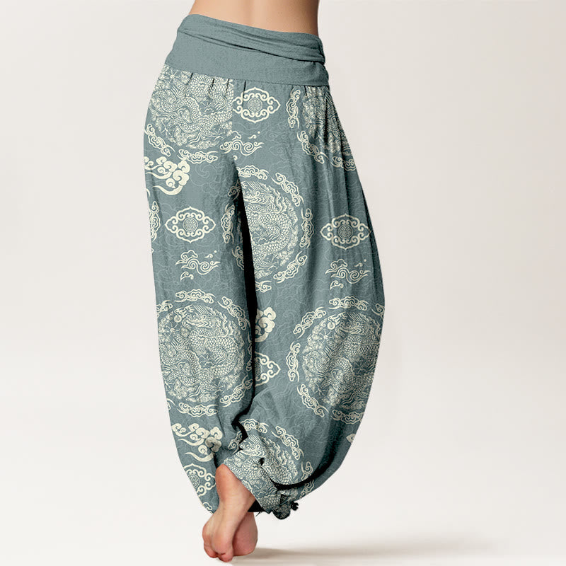 Buddha Stones Cotton Light Color Dragon Cloud Pattern Women's Elastic Waist Harem Pants