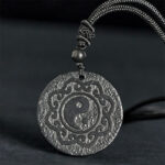 Buddha Stones Tai Chi Yin Yang Symbol Authentic Shungite Stone Inner Strength Necklace Pendant