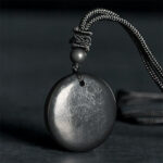 Buddha Stones Geometric Round Authentic Shungite Stone Rope Inner Strength Necklace Pendant