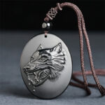 Buddha Stones Wolf Head Natural Black Obsidian Strength Necklace Pendant