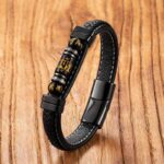 Buddha Stones Om Mani Padme Hum Dragon Symbol Black Onyx Leather Titanium Steel Balance Protection Bracelet