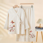 Buddha Stones 2pcs Colorful Floral Butterfly Long Sleeve V-Neck Shirt Pants Cotton Pajamas Set With Pockets