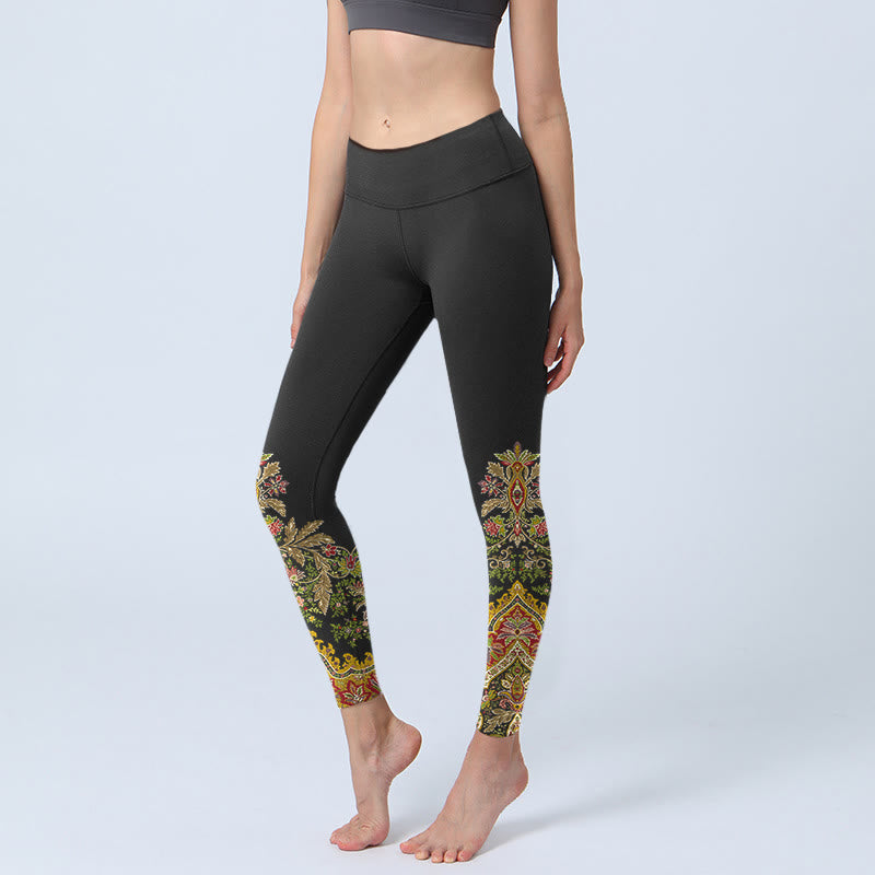 Buddha Stones Delicate Warm Tones Flower Leaf Pattern Print Gym Leggings Women's Yoga Pants