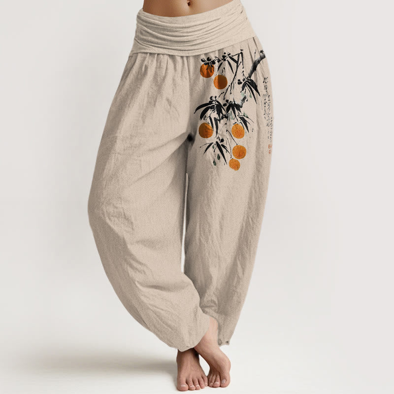 1765965133_3fe2a263-a60d-4b55-9723-f9f44214ae55 Buddha Stones Pure Cotton Brightly Colored Fruit Branches Pattern Women's Elastic Waist Harem Pants - Image 1