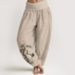 Buddha Stones Pure Cotton Crane Pine Tree Flower Grass Pattern Women's Elastic Waist Harem Pants