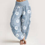 Buddha Stones Pure Cotton White Flowers Grass Women's Elastic Waist Harem Pants