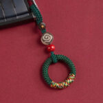 Buddha Stones Handwoven Colorful Thread String Buckle Ivory Fruit Cinnabar Key Chain Phone Hanging Decoration