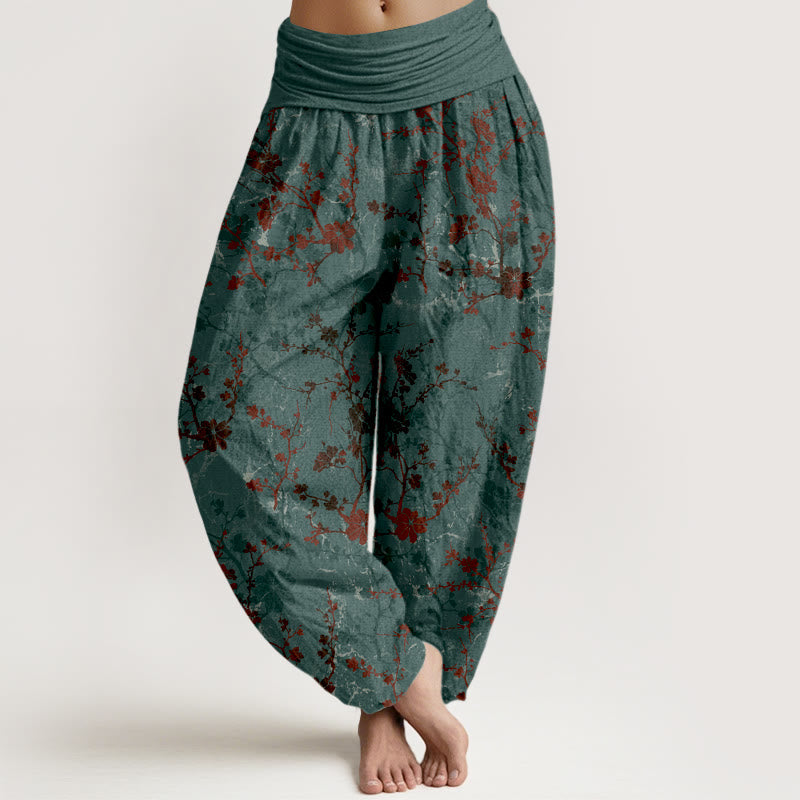 1766130143_e76b54ec-c89b-48e8-94ec-a1fbb936a148 Buddha Stones Pure Cotton Blooming Flowers Branches Leaves Women's Elastic Waist Harem Pants - Image 1