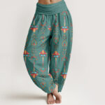 Buddha Stones Pure Cotton Colorful Lotus Flowers Green Leaves Geometric Women's Elastic Waist Harem Pants