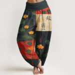 Buddha Stones Pure Cotton  Lotus Flower Leaves Pattern Women's Elastic Waist Harem Pants