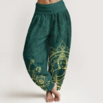 Buddha Stones Pure Cotton Classical Lotus Flower Seedpod Leaf Buddha Pattern Women's Elastic Waist Harem Pants