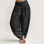 Buddha Stones Pure Cotton Trouser Legs Neatly Arranged Butterfly Grass Flower Pattern Women's Elastic Waist Harem Pants