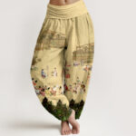Buddha Stones Pure Cotton Softly Colored People Buildings Peacock Feathers Trees Flowers Rocks Pattern Women's Elastic Waist Harem Pants