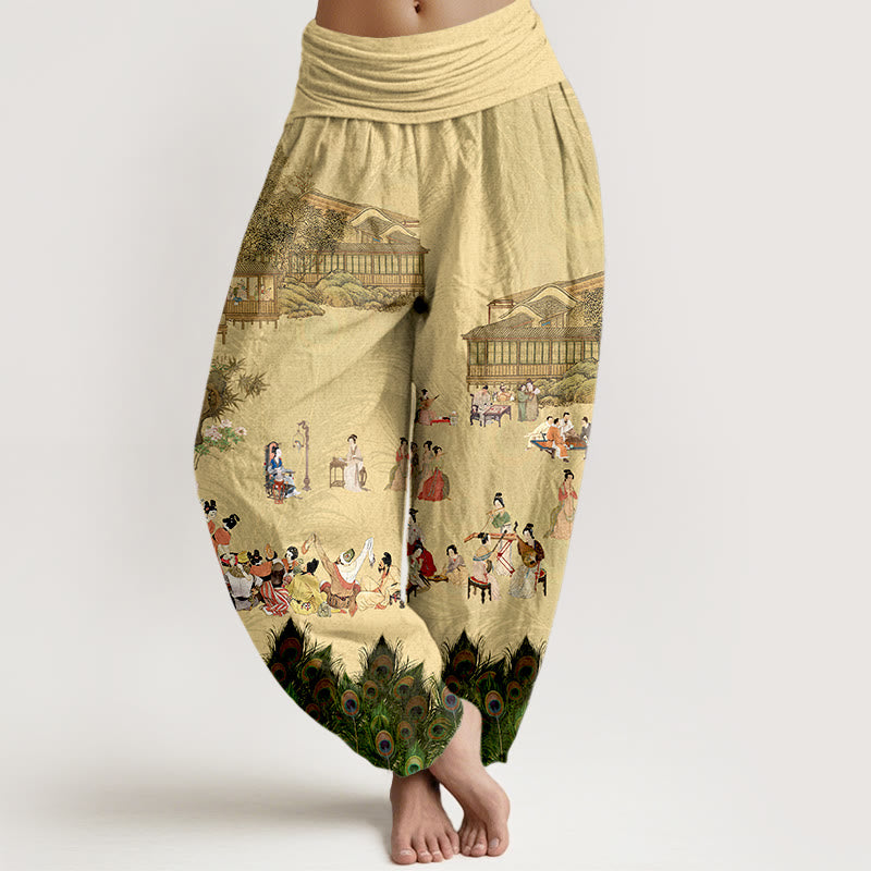 1766656641_0e84395f-81a6-4bd9-9160-42960fe78ddd.jpg Buddha Stones Pure Cotton Softly Colored People Buildings Peacock Feathers Trees Flowers Rocks Pattern Women's Elastic Waist Harem Pants
