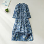 Buddha Stones Summer Blue Floral Stripes Circular Shape Stand Collar Design Short Sleeve Straight Midi Dress With Pockets