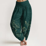 Buddha Stones Pure Cotton Concise Lotus Flower Leaf Pod Bud Cloud Pattern Women's Elastic Waist Harem Pants