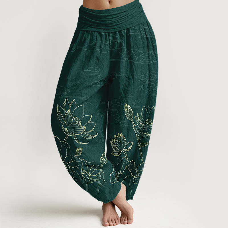 1767086404_d61f7c59-7352-4345-aa0c-e7dcad1f79ae Buddha Stones Pure Cotton Concise Lotus Flower Leaf Pod Bud Cloud Pattern Women's Elastic Waist Harem Pants - Image 1
