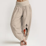 Buddha Stones Pure Cotton Concise Koi Fish Chinese Character Pattern Women's Elastic Waist Harem Pants