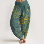 Buddha Stones Pure Cotton Concise Lotus Flower Leaf Pod Bud Pattern Women's Elastic Waist Harem Pants